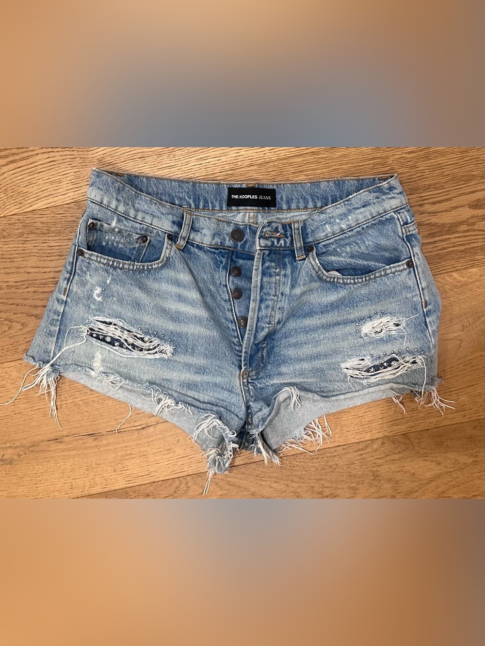 The Kooples Washed Blue Distressed Denim Shorts (Brand Size 3, fits US6)